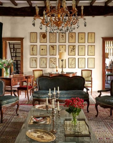 a room with a crystal chandelier, vintage sofa and chairs with velvet cushions, cocktail table with candelabras and trays, oriental rug, wooden desk and chair, a wall with 21 small framed botanical art pieces, beamed ceiling